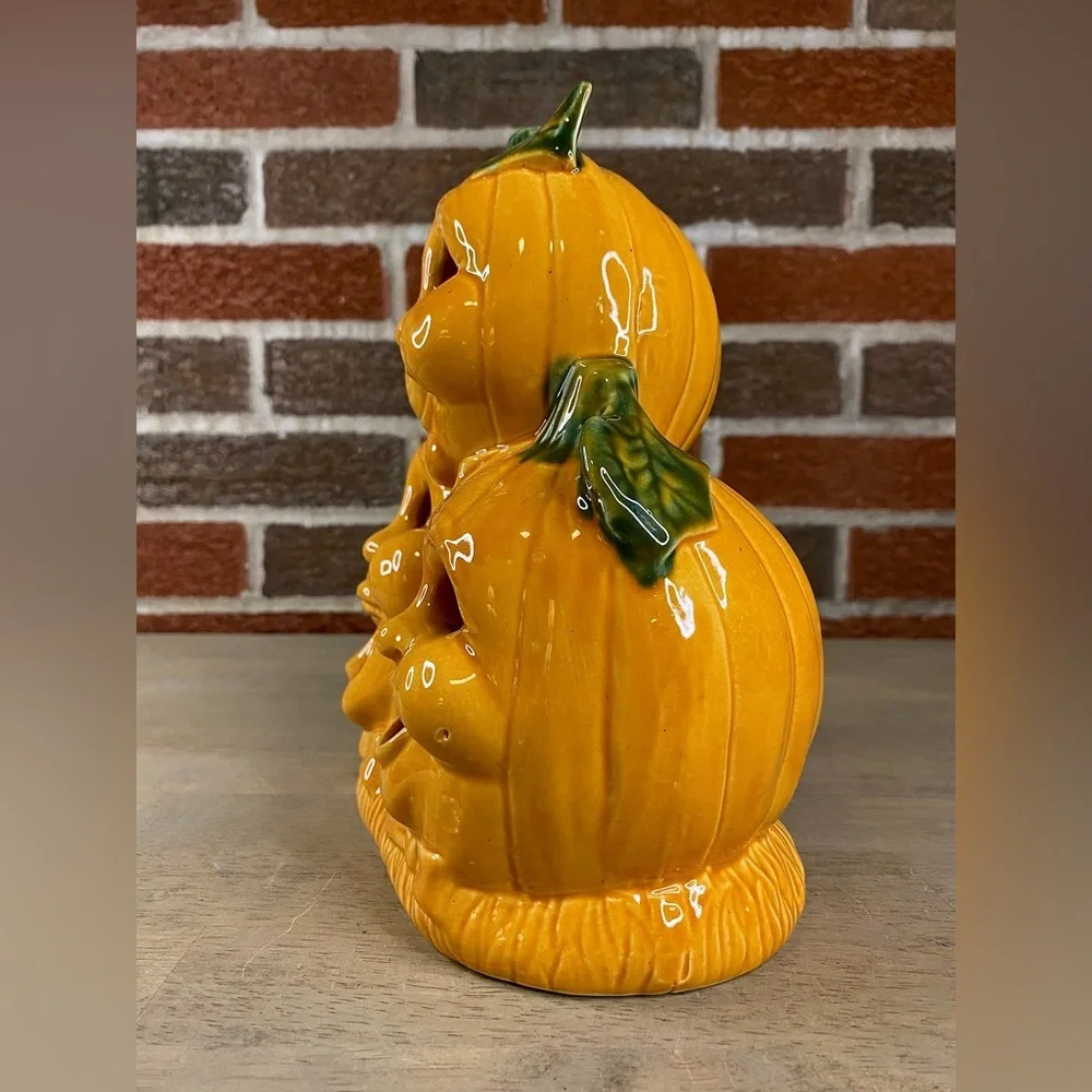 VTG Halloween Ceramic Light Up Pumpkin Patch Jack O Lantern 8 x 7